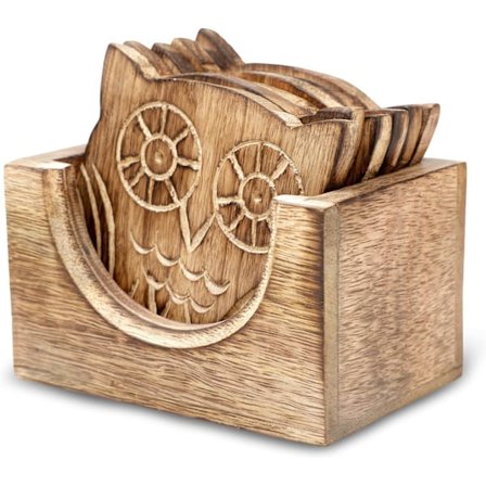 6 juoma-alustan sarja pidikkeellä - Käsityönä valmistetut puiset kahvi-, tee-, muki-, kuppi- ja viinilasi-alustat (pöllöaihe)