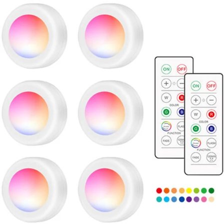/EA/RGB 16 färger Omkopplingsbara LED-lampor Skåplampa Rund Pat-lampa 3*AAA-batteri utan batteri, 6-pack med 2 fjärrkontroller