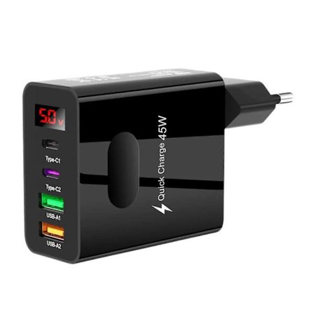 Hurtigoplader med 2 Type-C porte 45W Multi Stik Væglader 2 USB Opladningsadapter Digital Sort