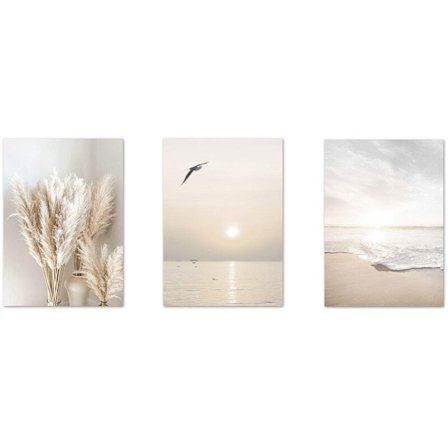 3 stk. Beige græs solnedgang palme lærred maleri nordiske plakater og vægbilleder til indretning