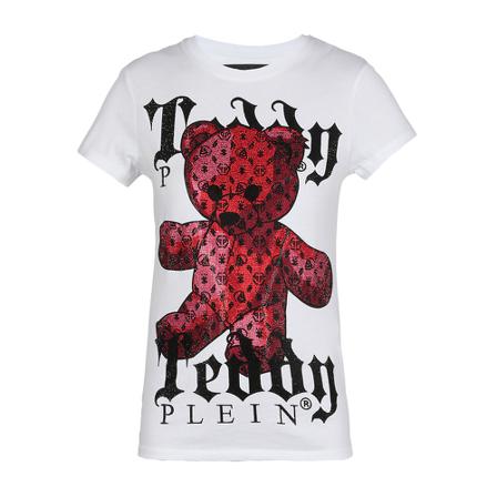 Philipp Plein, Monogram Teddy Bear Crew Neck T-Shirt Wit, Dames, Maat:L,Katoen