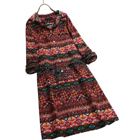 Kvinnor Casual A-line Turn-down Krage Klänning Bohemia Print Button