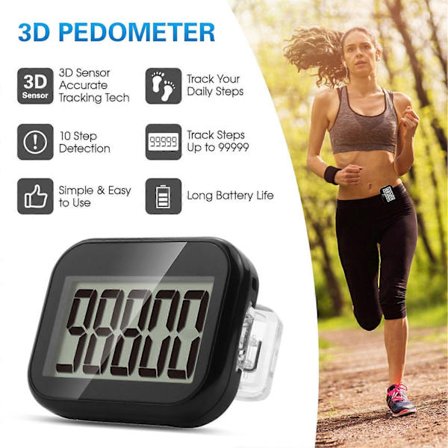 3D Skridttæller med aftagelig clips og snor, præcis skridttæller med stort display til mænd, kvinder og børn