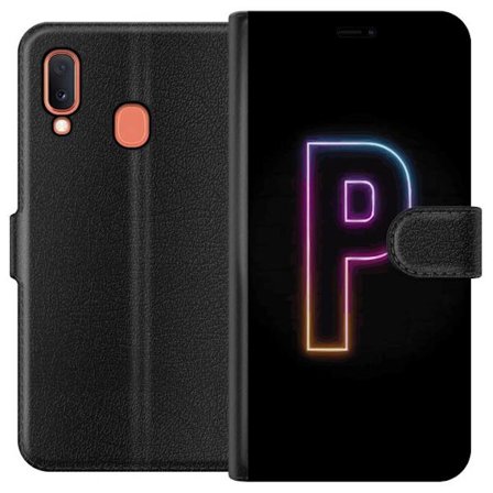 Kompatibel Tegnebogsetui til Samsung Samsung Galaxy A20e Minimalistisk neonbogstav P i farvegradient og lyseffekt mod sort baggrund i digital neonstil