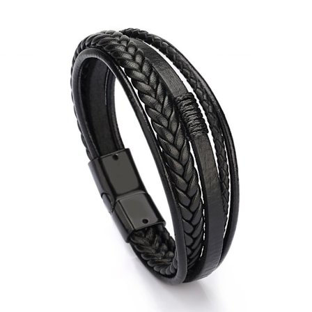 Mote skinn armbånd menn rustfritt stål flerlags flettet tau armbånd menn kvinner armbånd smykker(黑皮黑扣)