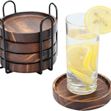 Træbrikker til Drikkevarer med Jernholder Sæt med 5 til Drikkeglas, Bordpladebeskyttelse til Enhver Bordtype