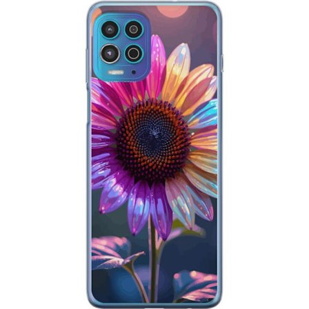 Kompatibelt Mobildeksel til Motorola Moto G100 Irideserende blomst med glitrende kronblad i rosa lilla og gull mot myk bokeh bakgrunn