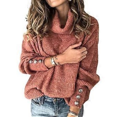 Dame Plain Langærmet Strikket Ribbet Trøje Høj Hals Trøje Vinter Varmt Trøje Løstsiddende Toppe (2XL Mursten Rød)