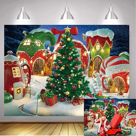 7x5FT Julby Bakgrund Julgran Godis Present Vintermässa