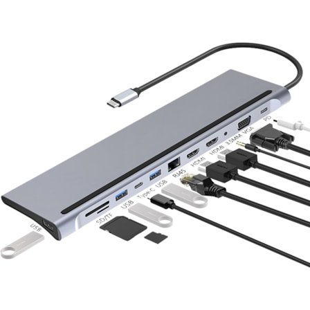 USB C Hub MultiPort Adapter, 12 i 1 Dockingstation USB C med 4K HDMI, VGA, 3×USB 2.0 & USB 3.0, PD 100W, Ethernet RJ45 Port, SD/TF-läsare