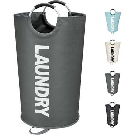 90L Stor Vaskekurv, Frittstående Høy Vaskekurv, Sammenleggbar Vaskepose Mørkegrå