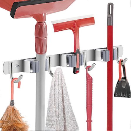 Verktøyholder i rustfritt stål - kostholder for veggen, selvklebende kostholder fra hageredskaper, 3 holdere og 4 kroker, grå