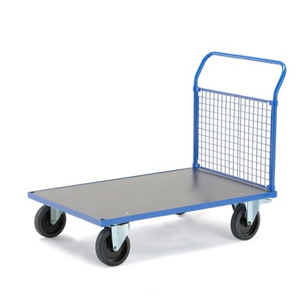 Plattformvogn TRANSFER, 1 nettinggavl, L1200 B800 mm, 1000 kg, elastiske massivgummihjul, med brems