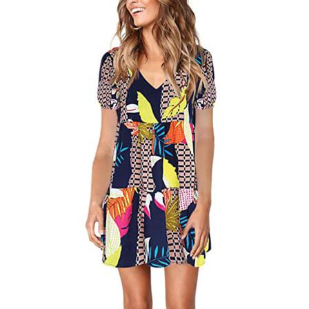 Kvinnor V-ringad Sommar Sexig Klänning Kortärmad Layered Print Pocke