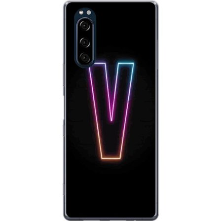 Yhteensopiva Puhelinkuori Sony Sony Xperia 5 Neonkirjain V värikoodattu valossa mustaa taustaa vasten, minimalistinen muotoilu selkeällä hehkulla j