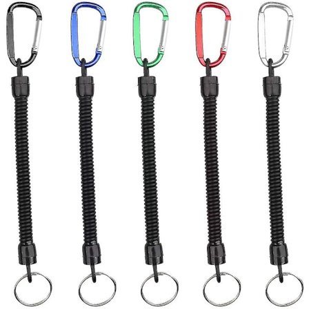 5 stk. strækbar spiral nøglering med farvet karabinhage, spiral fjeder nøglering