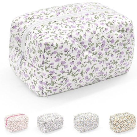 Liten sminkepung, Bærbar toalettveske i bomull, Quiltet blomsterkosmetikkveske Vask Organiserende lomme for kvinner jenter damer