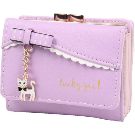 Kvinner PU-lommebok i skinn Søt katt Dyrekortholder Organizer Liten myntveske Dusk Glidelås for damer og jenter (lilla)