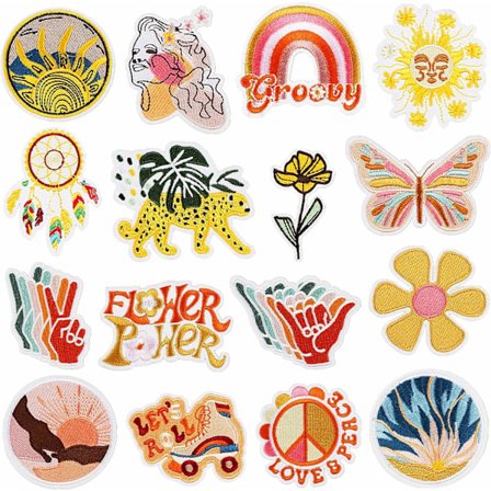16 stk. Strygemærker Vintage Groovy Retro Hippie Mærker Boho Broderet Applikation Fredstegn Sy på Mærker til Rygsække Tøj Hat Jeans Jakke
