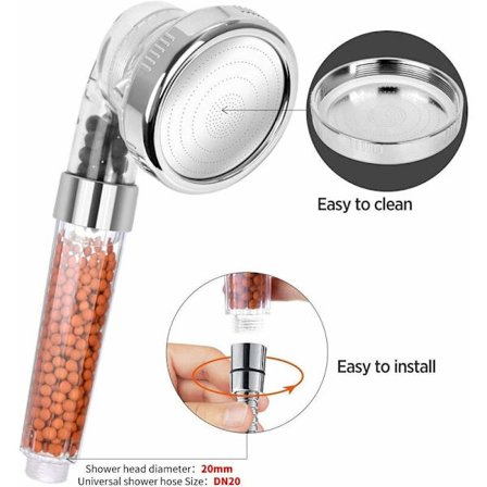 Brusehoved, 3 lag højtryks hånd ionisk filtrering til vandbesparelse 3 tilstande - Universal brusebad med ekstra udskifteligt filter