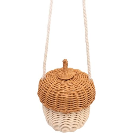 Axelväska Över Kroppen Handgjord Eklformad Rotting Förvaringskorg Väggdekoration med Lock, Vävd Korgväska för Barn (16 x 14 x 9,9 cm)