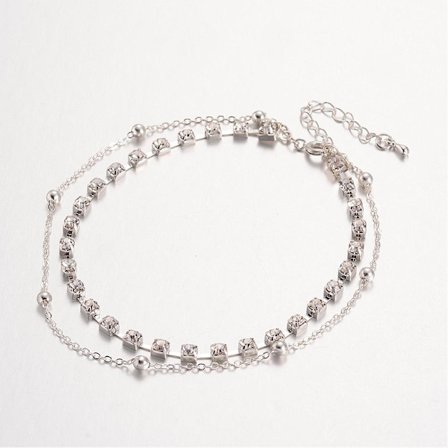 Silverpläterad Dubbel Vristlänk med Strassstenar/kedja med kulor