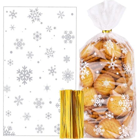 100 stk. Julecellofanposer - Snøfnuggcellofanposer for søte kjeks sjokolade flat bunn klare julefestgodteposer med twistbånd (