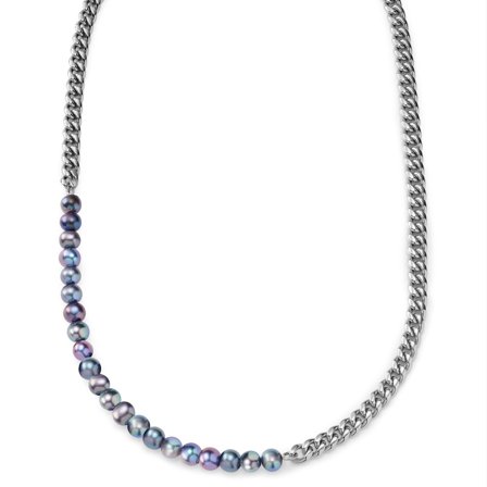 Ocata | Silver-Tone Curb Chain & Black Pearl Necklace for Men - Steel necklaces