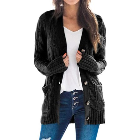 Dame Cardigan med åpen front og lommer i midtlengde, ensfarget strikkegenser