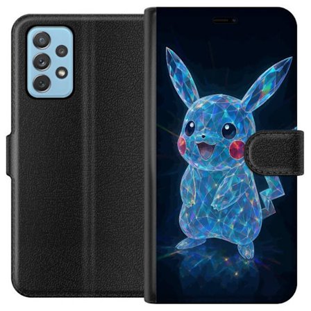 Samsung Galaxy A52 5G Tegnebogsetui Gnistrerende krystalfigur i blåt med holografiske refleksioner, sød karakter som skinner mod en mørk baggrund,