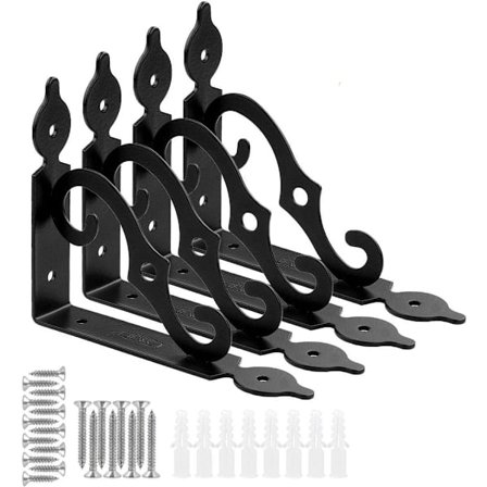 4-delt 5-tommers dekorative hyldeknægte – kraftigt sort metal, inkl. skruer, hjørnebeslag vægmontering til gør-det-selv åbne hylder og svævehylder