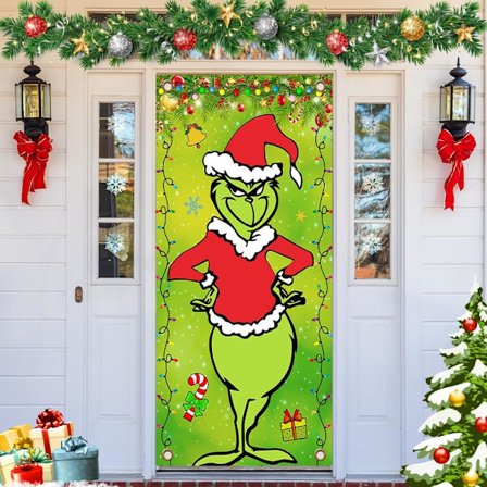 Jul Dörröverdrag Ytterdörr, Grinchen God Jul Verandaskylt, Vinter Hängande Banner Juldörrdekoration för Semester Inomhus och Utomhus