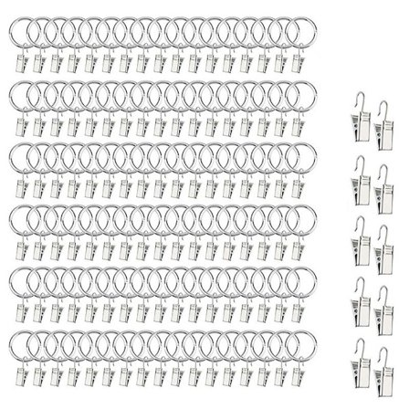 100 stk. gardinring med klips og 10 stk. klips, 1 tomme (2,54 mm) sølv metal dekorativ gardin vindue ring