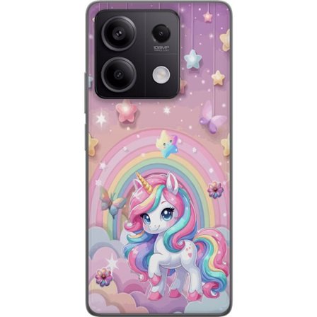 Kompatibel Mobilcover til Xiaomi Redmi Note 13 Magisk enhjørning med regnbue manke, stjerner og sommerfugle mod en pastelfarvet himmel med skyer