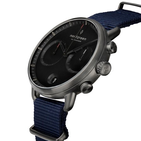 Nordgreen Men's Classic Large Wrist Watch Watch - Silver Case - Black Dial - Navy Nylon Watch Strap Pioneer White Dial Chronograph