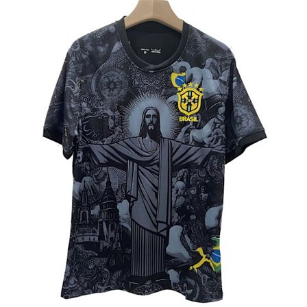 Hurtigtørkende Brasil Fotballdrakt 24/25, Svart Jesus av Brasil-drakt, Kortarmet Jesus av Brasil, Svart.