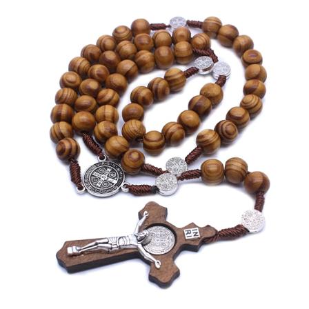 Mode rund pärla katolsk radband för kors religiösa träpärlor män Halsband Charm present till make far farfar