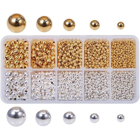 2340 st 5 Storlekar Glatta Runda Metallpärlor Guld Silver Små Distanspärlor Runda Pärlor För Smyckestillverkning (2,4 mm, 3 mm, 4 mm, 5 mm, 6 mm)