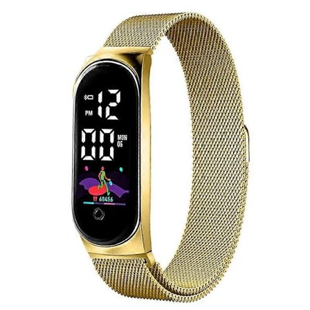 Naisten vedenpitävä kello, ylellinen kello, Milanese ruostumattomasta teräksestä valmistettu LED-elektroninen kello, magneettisoljella varustettu 