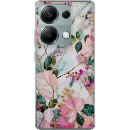 Yhteensopiva Puhelinkuori Xiaomi Redmi Note 13 Pro 4G Abstrakti marmorikuvio kukilla, lehdillä ja kultaisilla yksityiskohdilla pehmeissä pastellisävyi