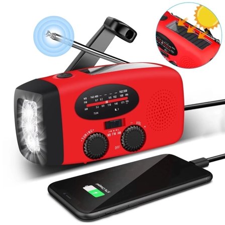 Kampiogeneraattoriradio aurinkopaneeleilla, taskulampulla ja 2000mAh varavirtal hteell SOS-h t tilanteisiin - Punainen red 300