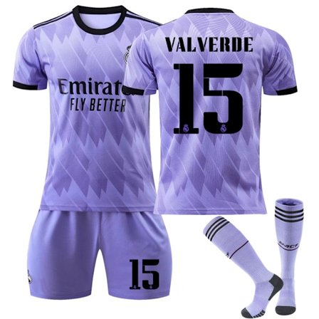 Real Madrid 2022/23 vieraspaita Valverde No.15 Jalkapallopaita 3-osainen setti lapsille Aikuiset V7