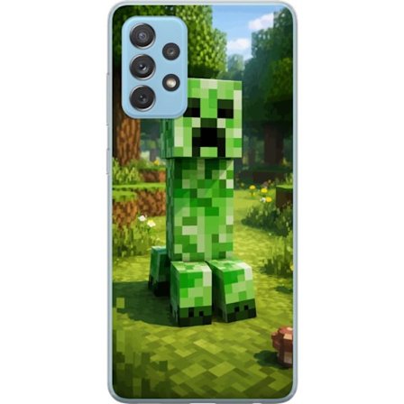 Kompatibelt Mobilskal till Samsung Samsung Galaxy A52 5G Block-baserad Creeper-figur i en grön pixell värld, ikonisk spelillustration för barnrum,