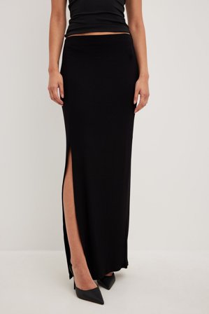 NA-KD Ribbed Slit Detail Maxi Skirt - Lange nederdele - Sort - XS