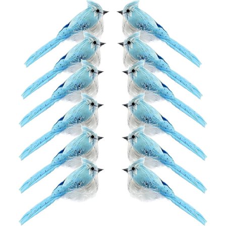 Kunstige fjærkledde fugler (12-pakning), blå simuleringsfugler i skum med klips - julepynt til treet
