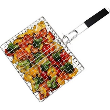 Grillkurv i rustfrit stål – Bærbar med aftageligt håndtag | Til bøf, burgere, fisk, kød, rejer & grøntsager | Tåler opvaskemaskine