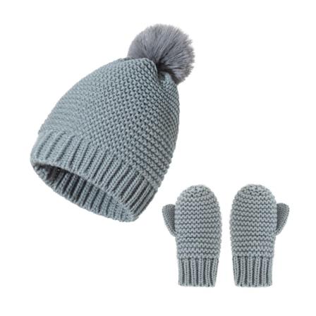 Hatt og votter sett for småbarn, vintervarm strikket lue med pompom for gutter og jenter, 1 lue + 1 par votter (grå)