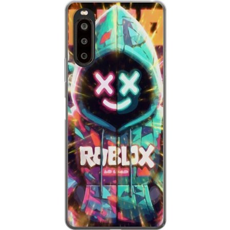 Yhteensopiva Puhelinkuori Sony Sony Xperia 10 II Neonvärisellä Roblox-hupparihahmolla on hehkuvia efektejä ja energialla täytetty tausta, moderni