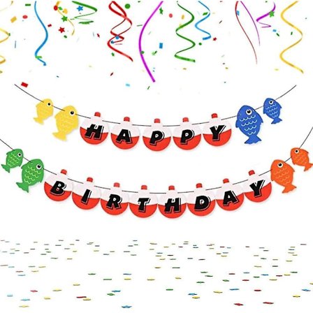 Gratulerer med dagen-banner i papir med fisk - festutstyr