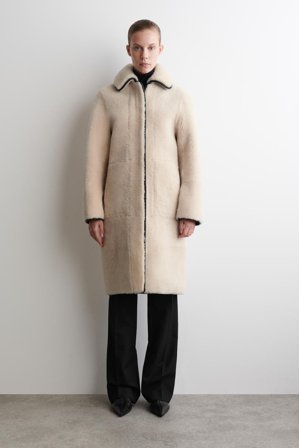 COS Women's Leather Trimmed Shearling Long Coat in White